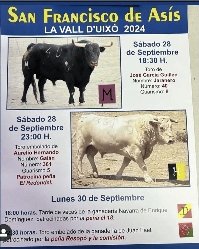 TOROS VALL D'UIXÓ 28 A 30 SEPTIEMBRE 2024