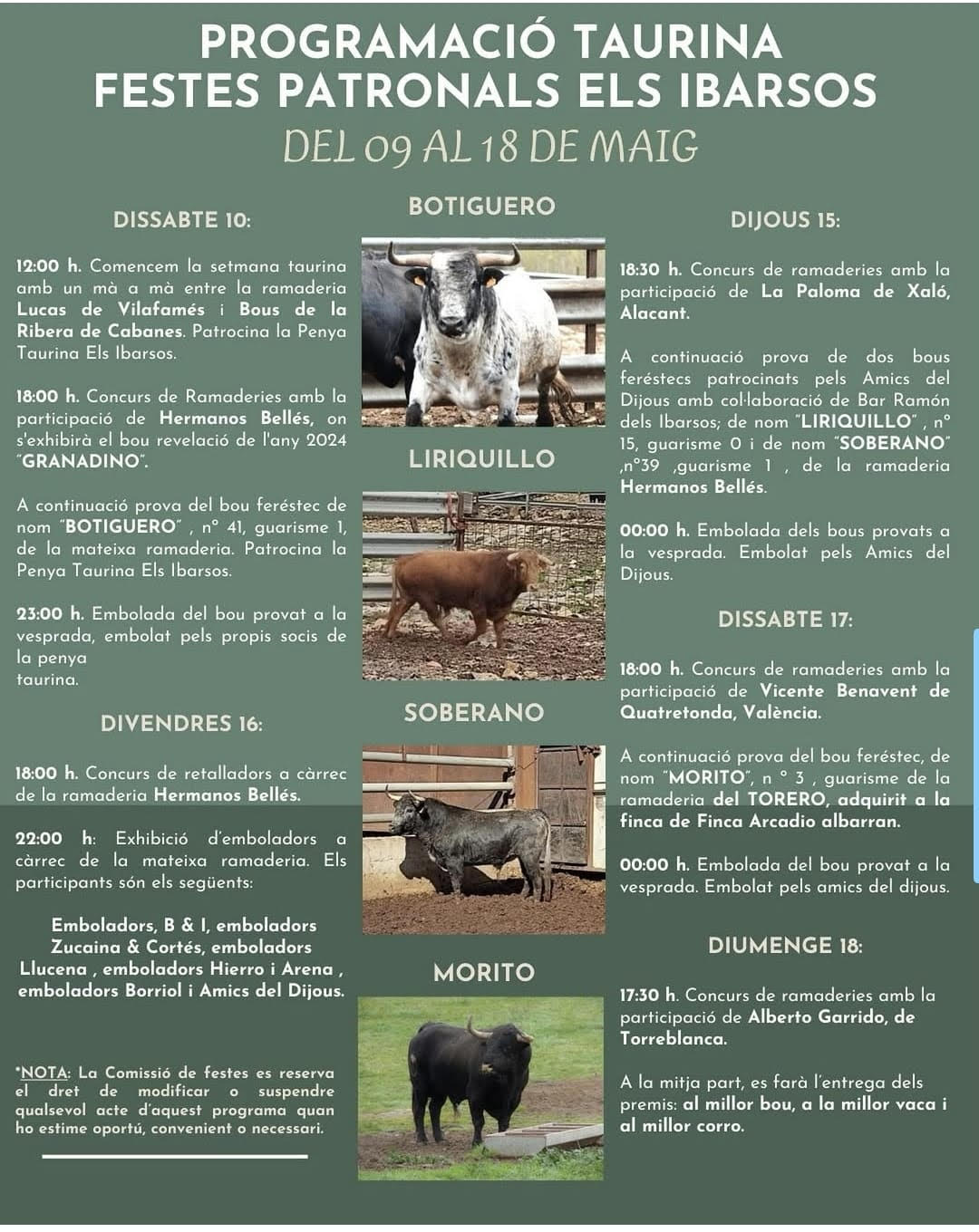TOROS PROGRAMACIO TAURINA DEL 15 AL 18 DE MAYO 2025