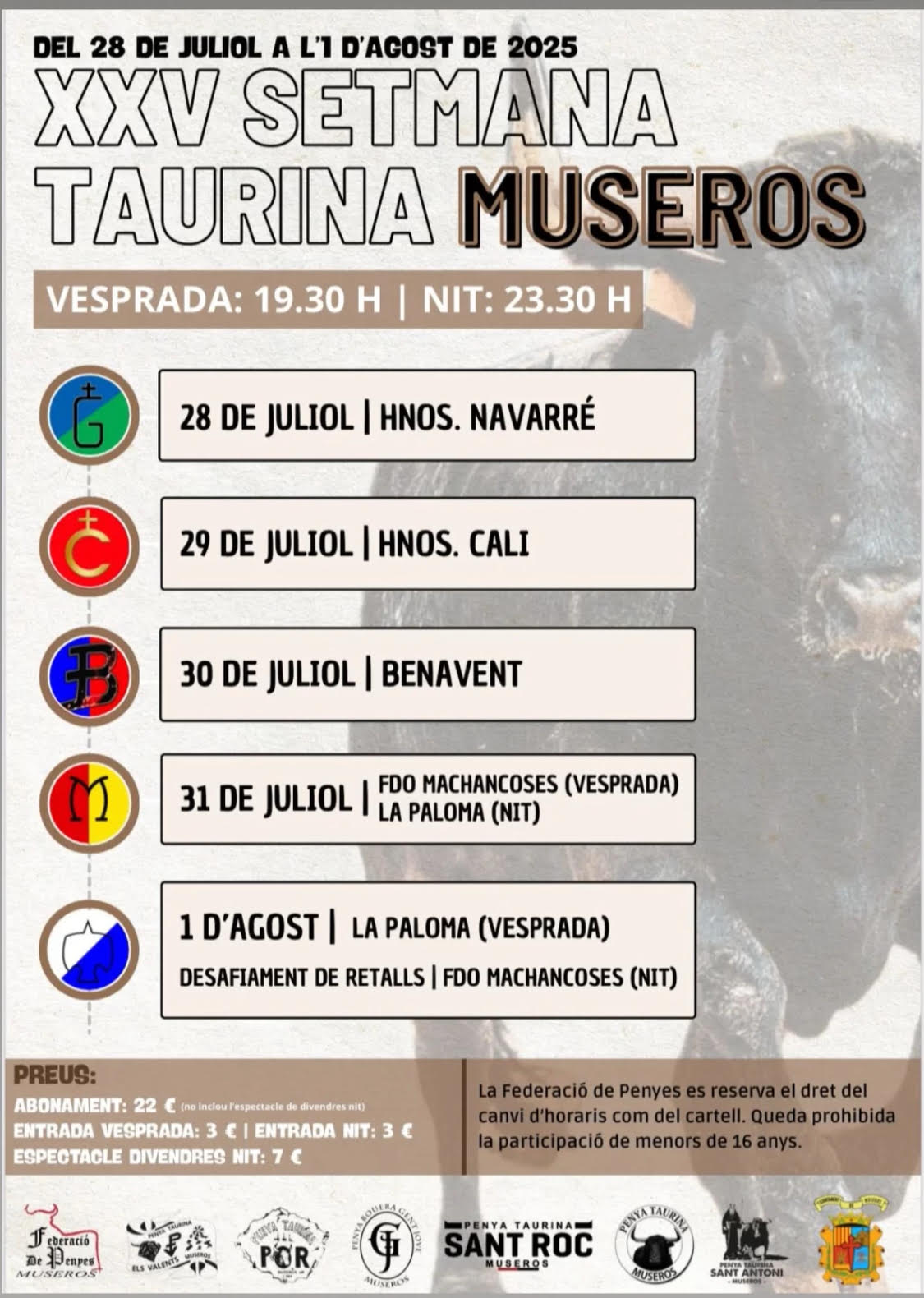 TOROS SEMANA TAURINA MUSEROS DE 28 DE JULIO AL 1 DE AGOSTO 2025