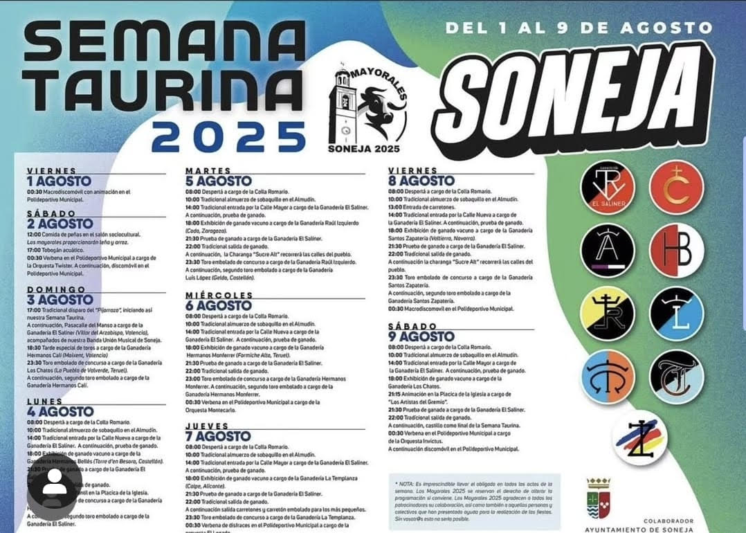 TOROS SEMANA TAURINA SONEJA DEL 1 AL 9 DE AGOSTO 2025