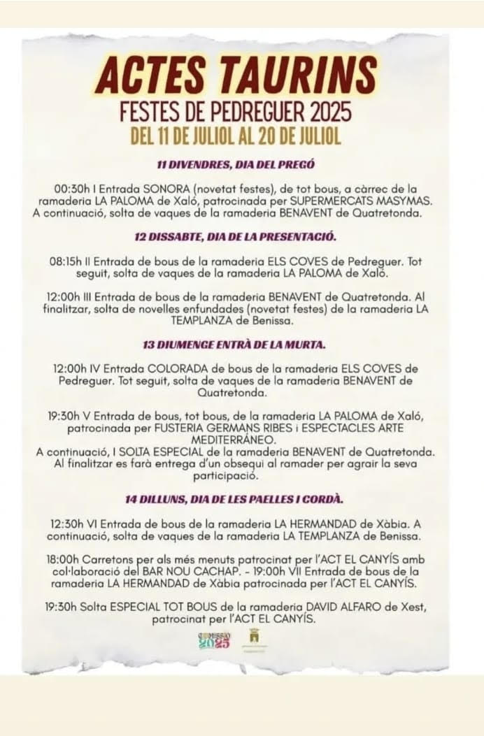 TOROS PEDEGUER DEL 11 AL 20 DE JULIO 2025