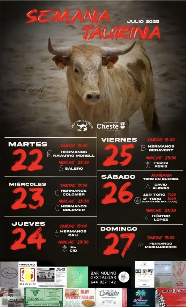 Toros Semana Taurina Cheste del 22 al 27 de julio 2025