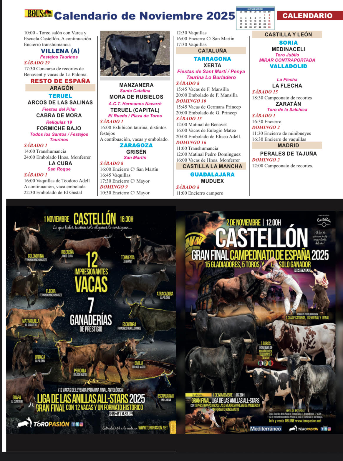 TOROS DEL 1 AL 30 DE NOVIEMBRE 2025 GENTILEZA REVISTA BOUS AL CARRER SUSCRIBETE 961424050
