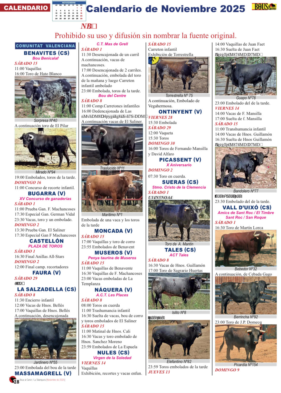 TOROS DEL 1 AL 30 DE NOVIEMBRE 2025 GENTILEZA REVISTA BOUS AL CARRER SUSCRIBETE 961424050
