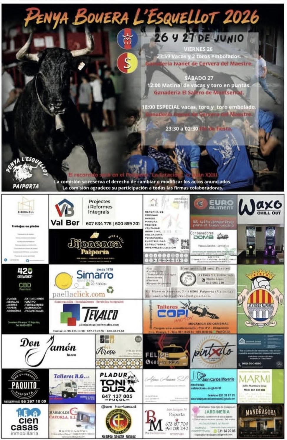 TOROS PAIPORTA 26 Y 27 DE JUNIO 2026