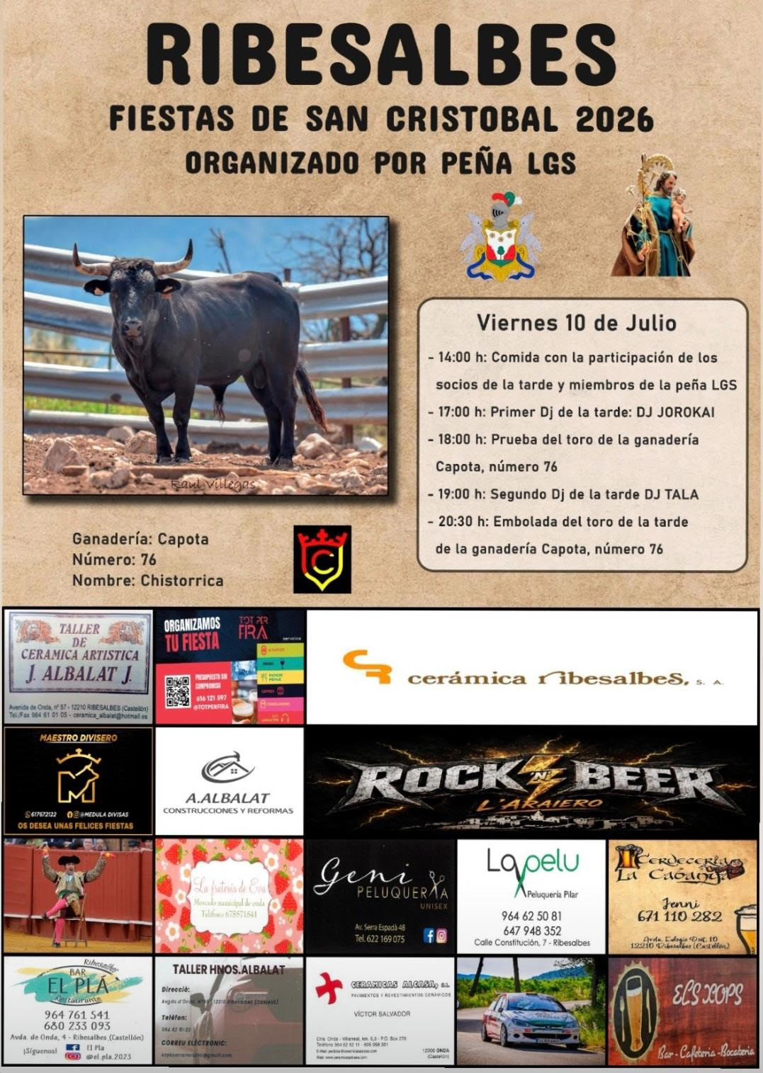 TOROS RIBESALBES 10 DE JULIO 2026