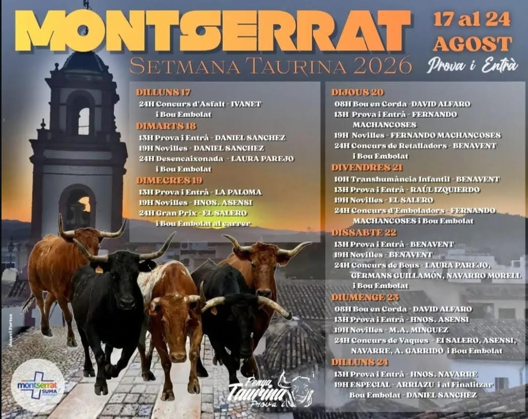 TOROS SEMANA TAURINA MONTSERRAT DEL 17 AL 24 DE AGOSTO 2026