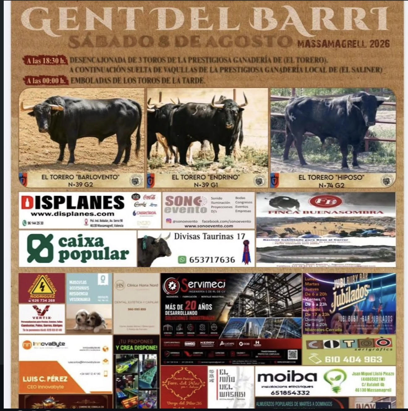 TOROS GENT DEL BARRI MASSAMAGRELL 8 AGOSTO 2026