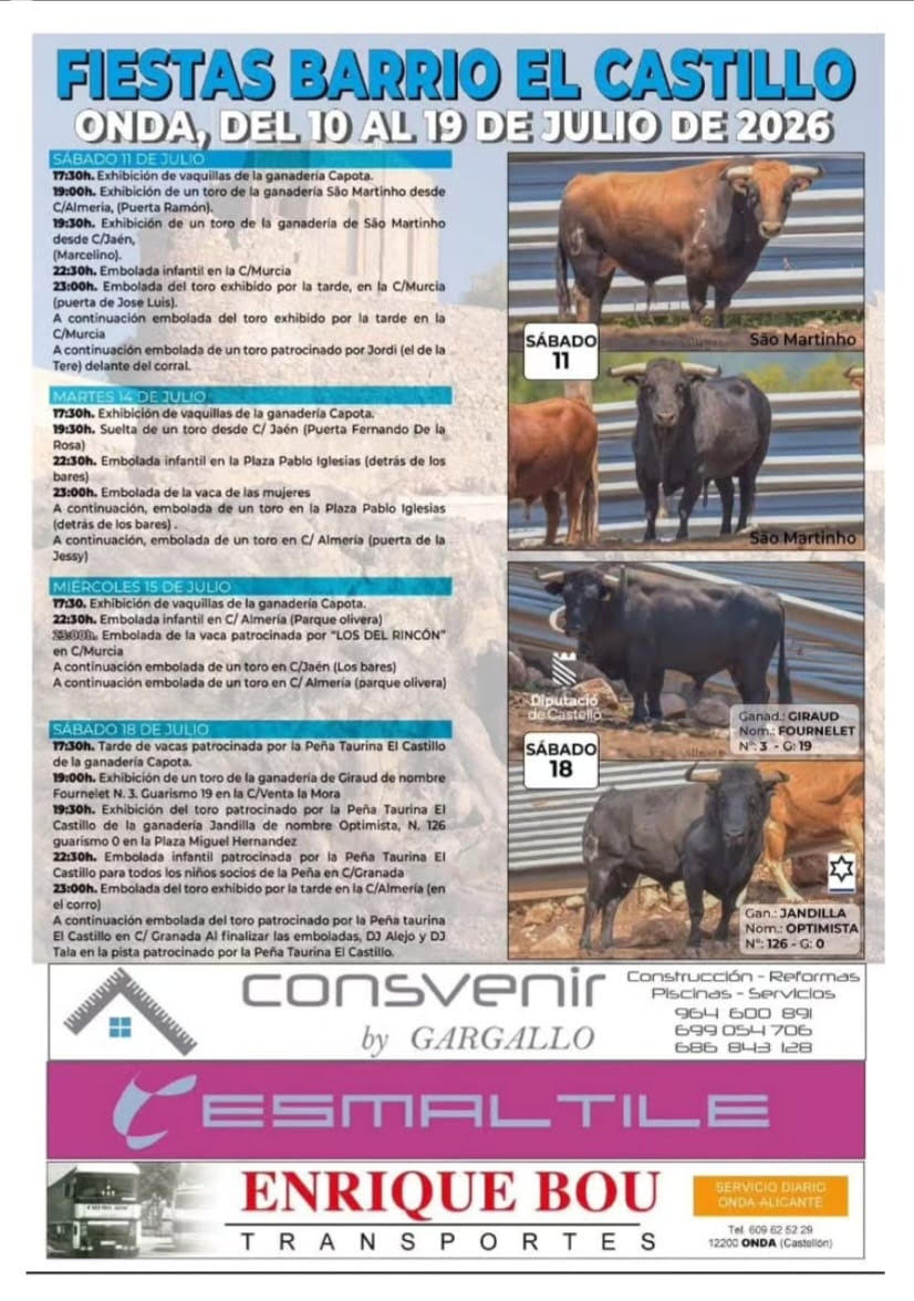 TOROS ONDA DEL 10 AL 19 DE JULIO 2026