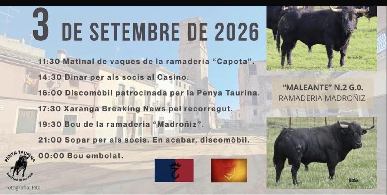TOROS BENIFAIRO DE LES VALLS 3 SEPTIEMBRE 2026