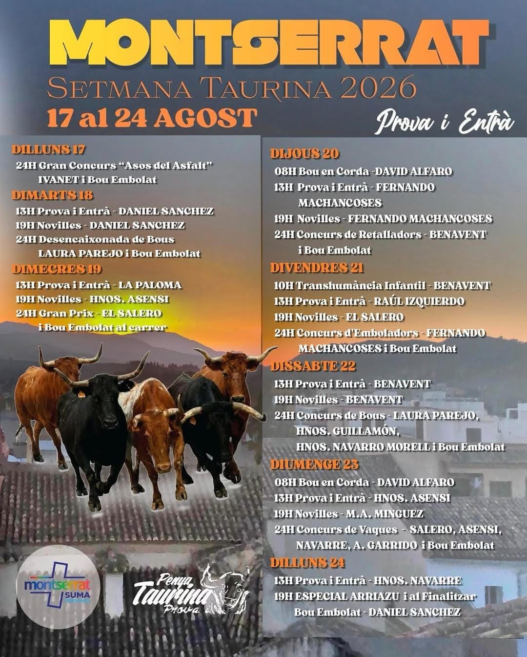 TOROS DEL 17 AL 24 DE AGOSTO 2026