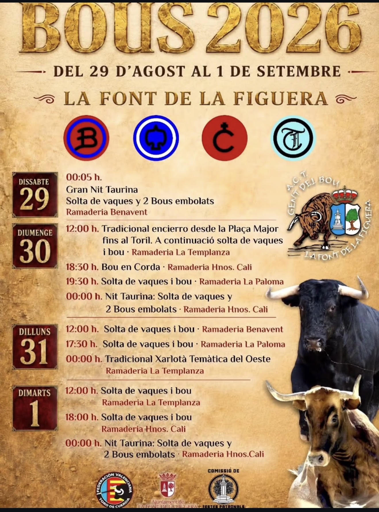 TOROS DEL 29 AL 1 DE SEPTIEMBRE 2026.