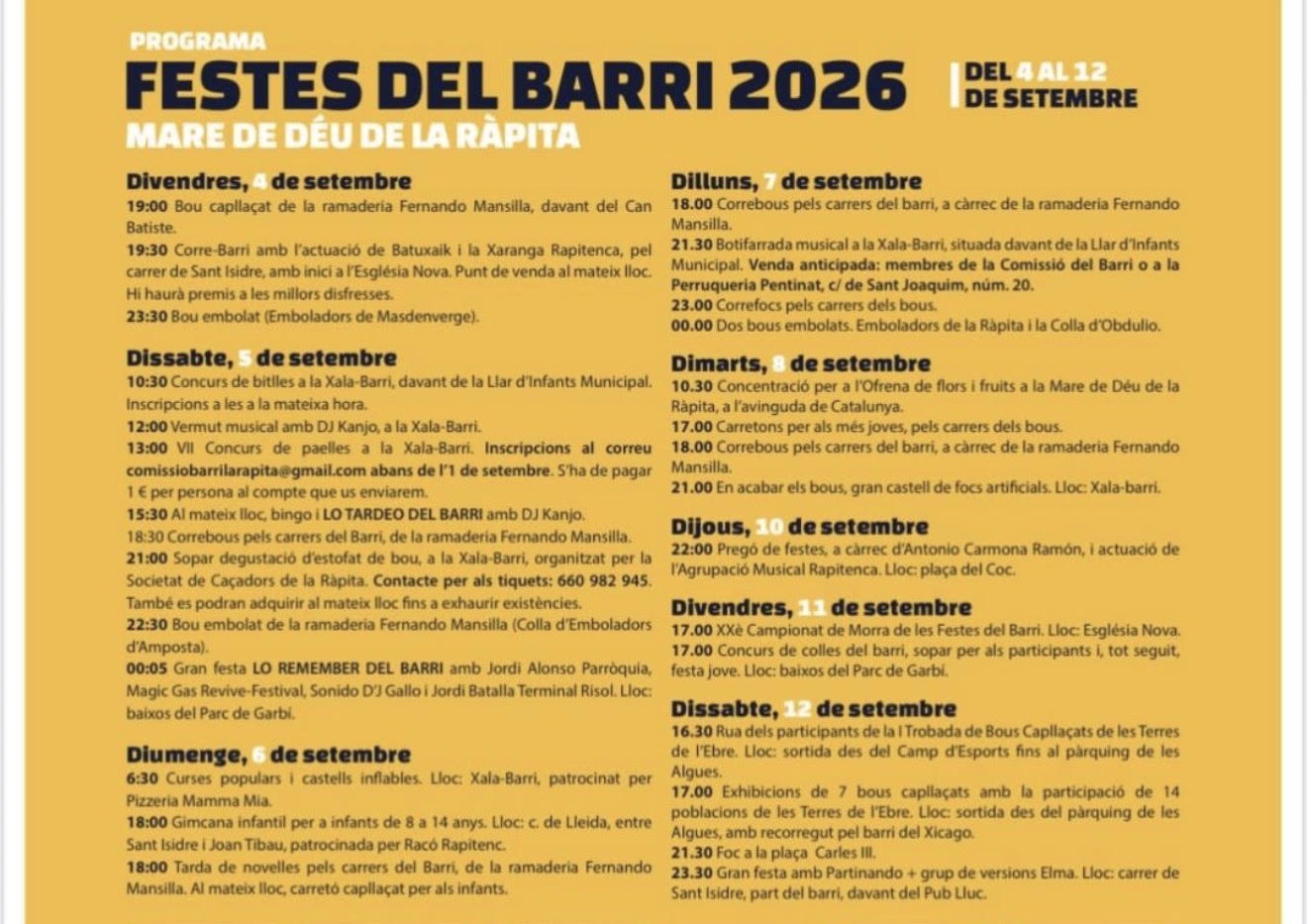 TOROS LA RAPITA DEL 4 AL 12 SEPTIEMBRE 2026