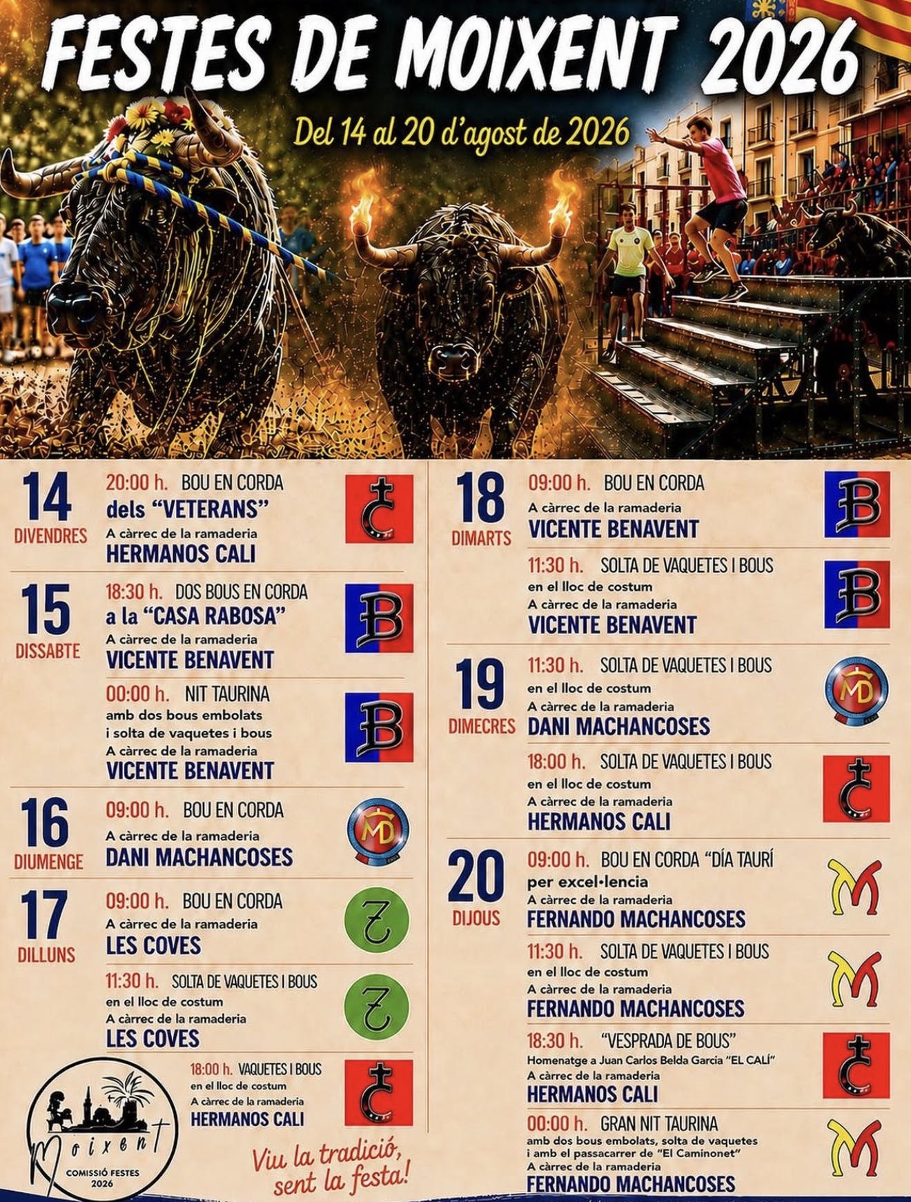 TOROS MOIXENT DEL 14 AL 20 DE AGOSTO 2026