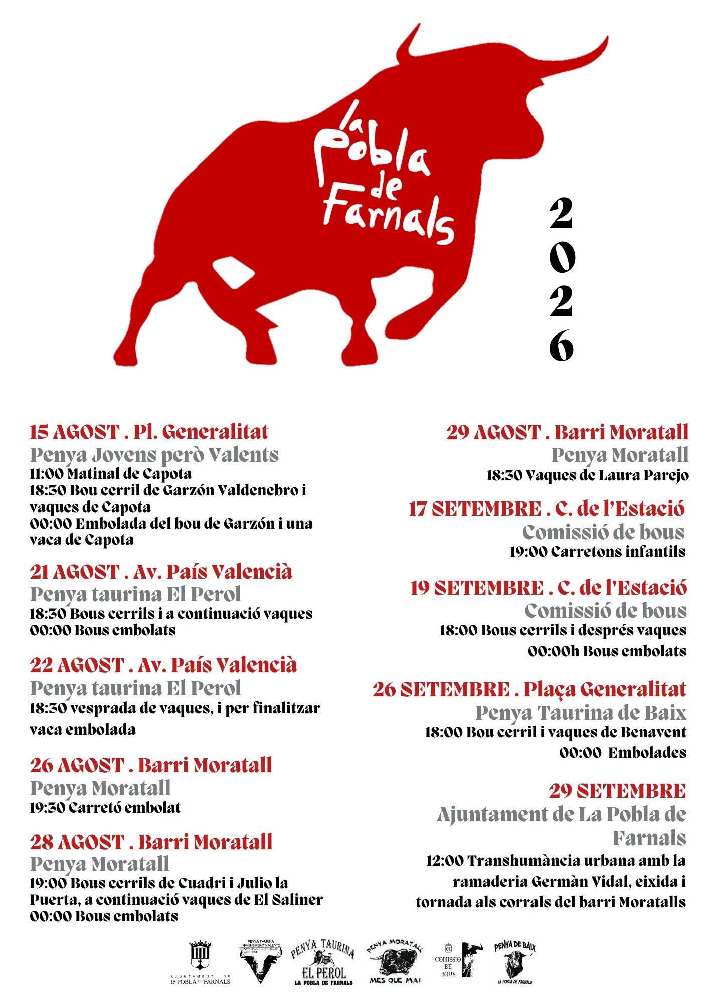 TOROS POBLA DE FARNALS 29 DE AGOSTO 2026.